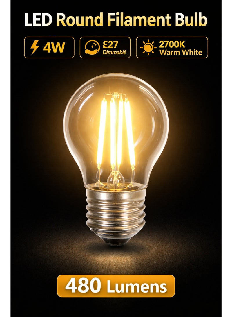 Set of 4 Dimmable 4W LED Round Filament Bulb E27 Base, 2700K Warm White, 480 Lumens, Clear Glass Decorative Light for Table Lamp, Floor Lamp and String Lights - MADE IN GERMANY - Image 3